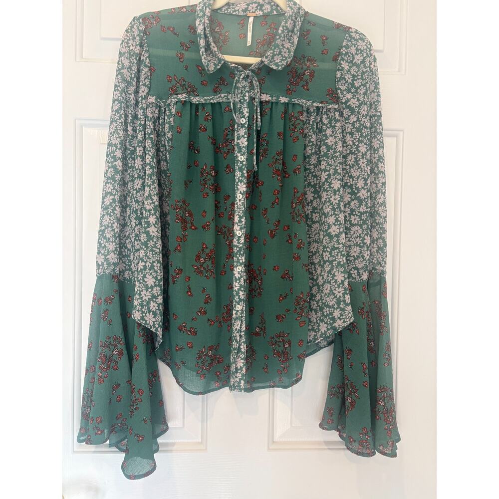 Free People Serena Floral Blouse Emerald Green Bell Sleeve Boho Top Size M 6-10 - Picture 2 of 6
